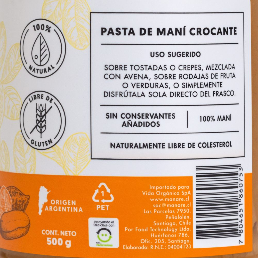 MANTEQUILLA DE MANI CROCANTE MANARE 500GR