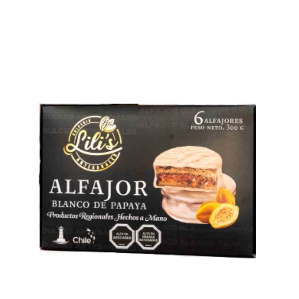 CAJA ALFAJOR CHOCOLATE BLANCO PAPAYA LILI'S 6 UNIDADES