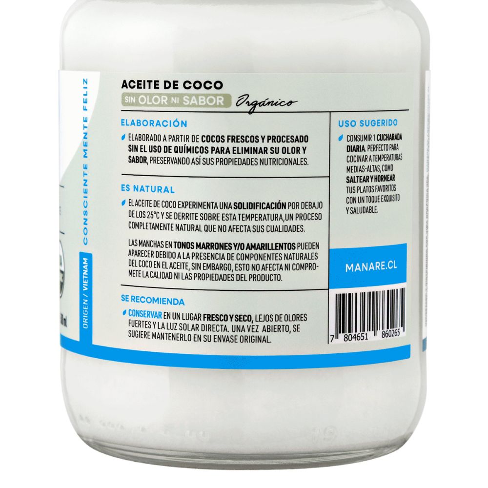 ACEITE DE COCO ORGANICO SIN OLOR SIN SABOR MANARE 500ML