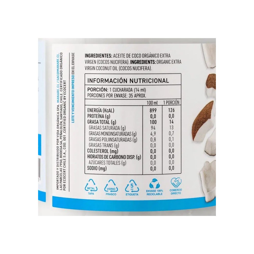 ACEITE DE COCO ORGANICO MANARE 500 ML