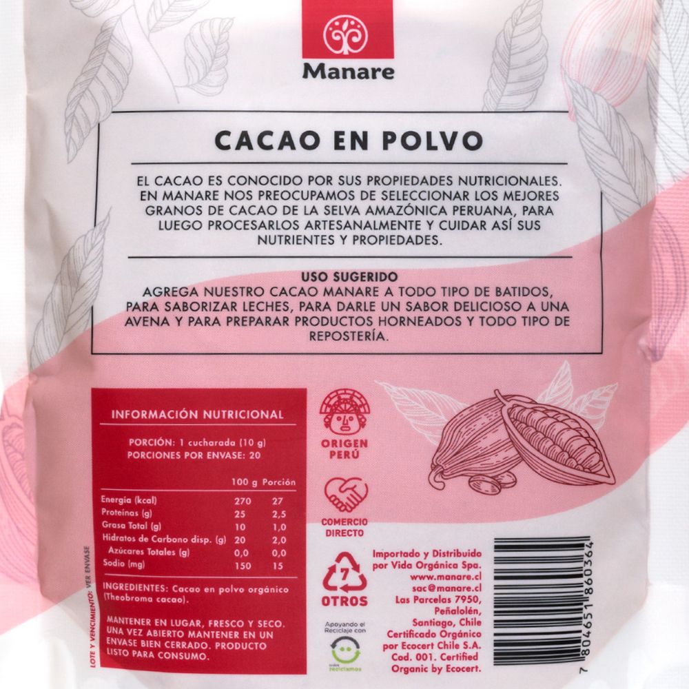 CACAO EN POLVO ORGANICO MANARE 200GR Mercado Natural