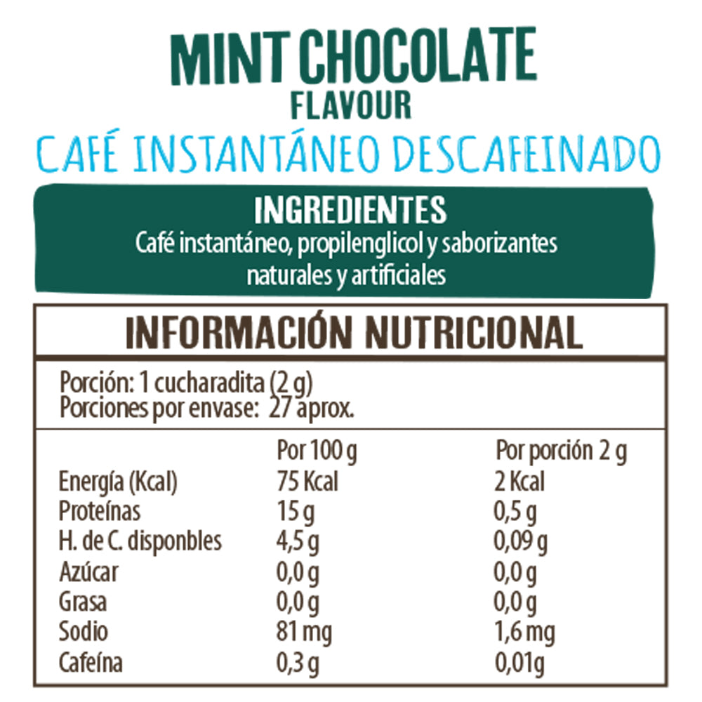 CAFÉ INSTANTANEO DESCAFEINADO MENTA CHOCOLATE BEANIES 50GR