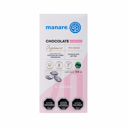 BARRA CHOCOLATE CON ALMENDRA 70% CACAO 100GR MANARE