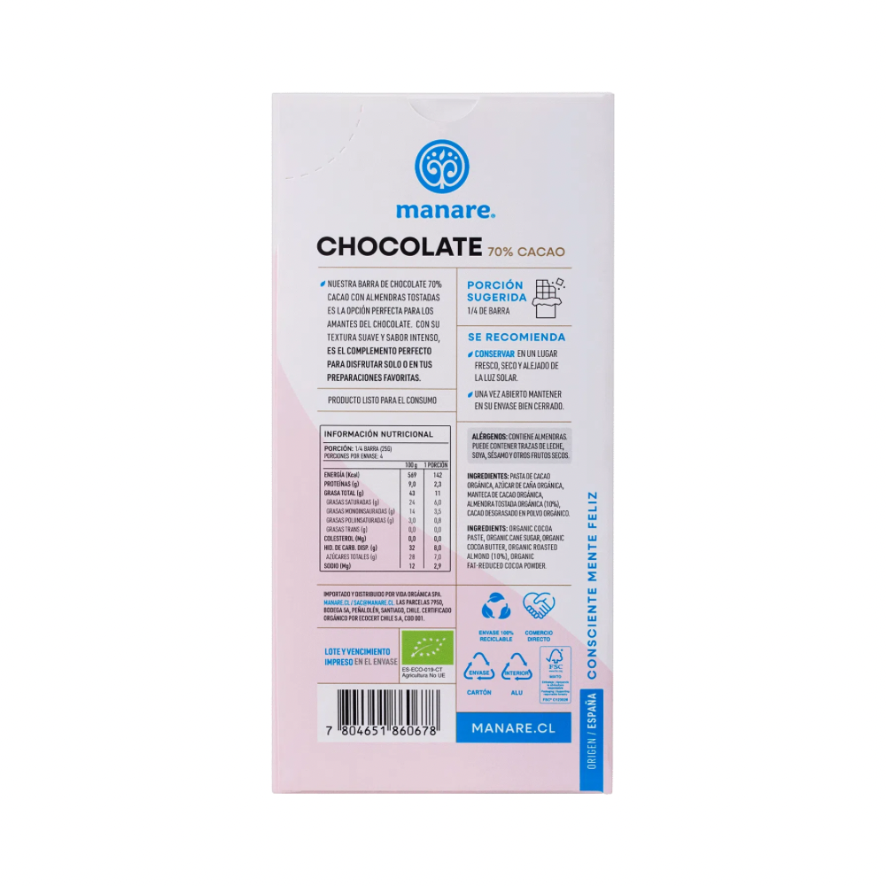BARRA CHOCOLATE CON ALMENDRA 70% CACAO 100GR MANARE