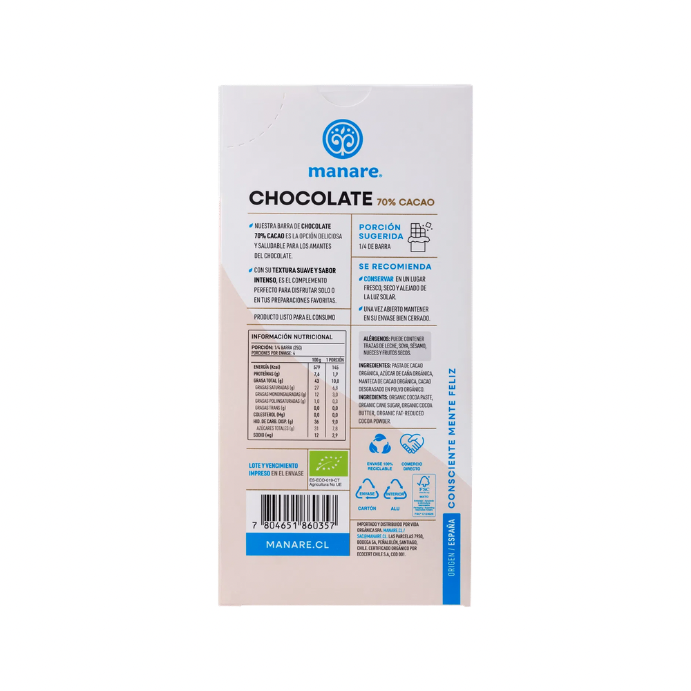 BARRA CHOCOLATE 70% ORGÁNICO MANARE