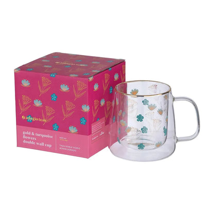 TAZA DOBLE VIDRIO GOLD & TURQUOISE FLOWERS 400 ML ADAGIO