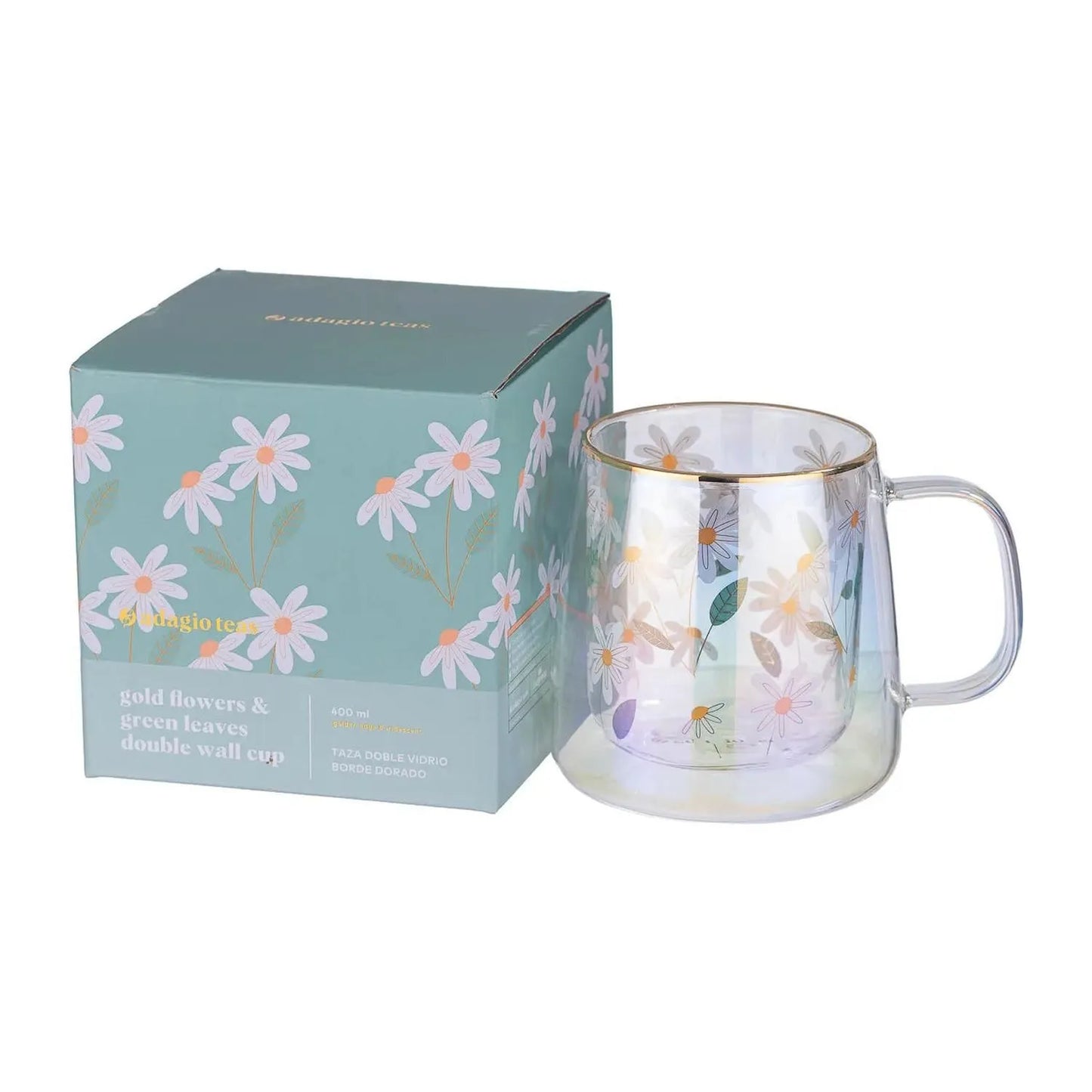 TAZA DOBLE VIDRIO GOLD FLOWERS & GREEN LEAVES 400 ML ADAGIO