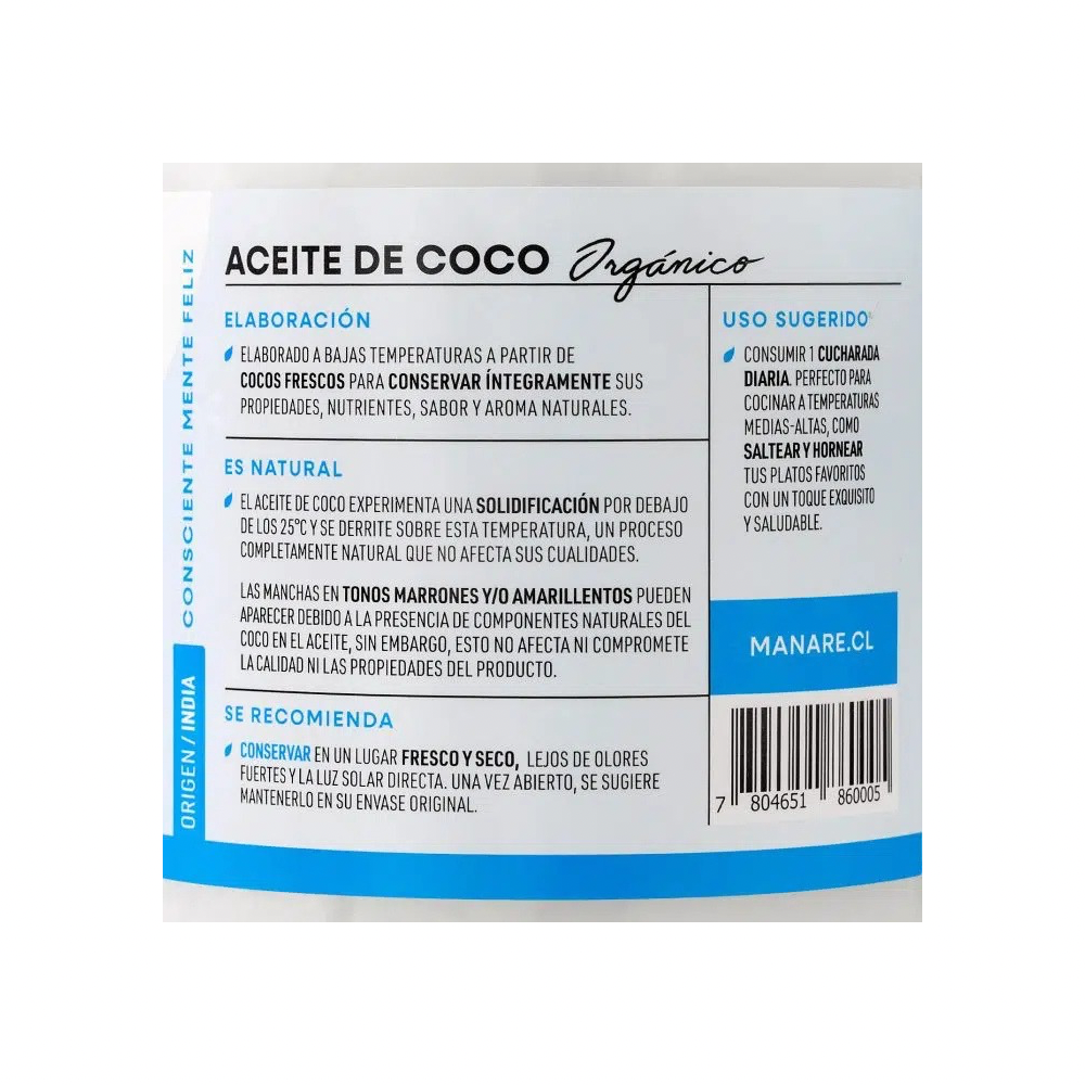 ACEITE DE COCO ORGANICO MANARE 500 ML